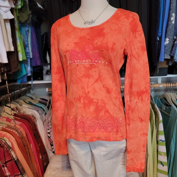 HARLEY-DAVIDSON ♡ Sweet Vintage Orange Tie Dye Embellished Bling H-D Top M - Picture 4 of 17